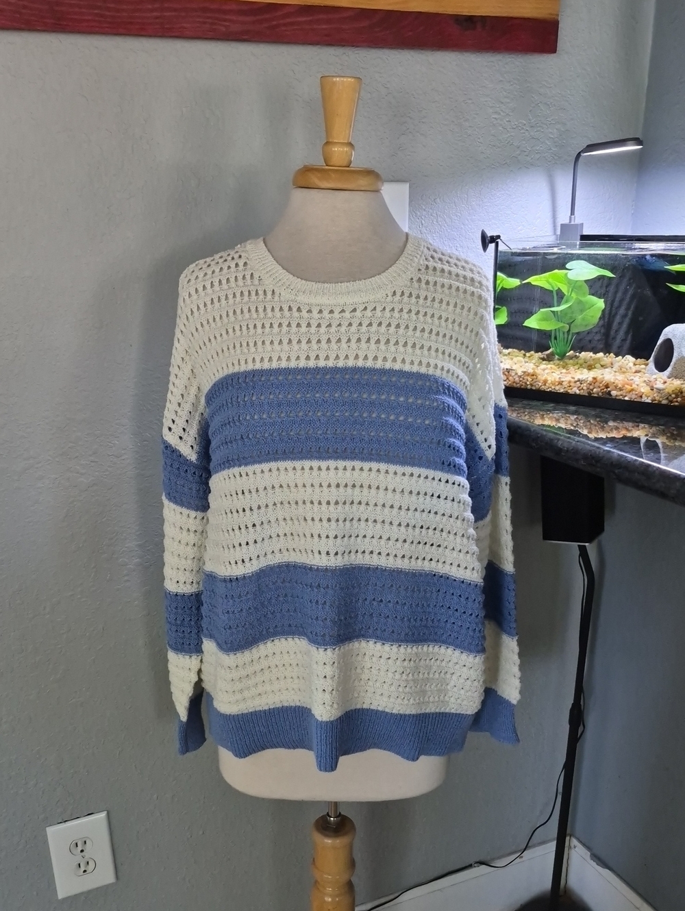NWT Maurices White and Light Blue Striped Open-Knit Sweater | Size XL